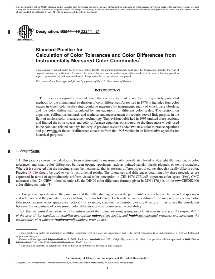 REDLINE ASTM D2244-21 - Standard Practice for Calculation of Color Tolerances and Color Differences from   Instrumentally       Measured Color Coordinates