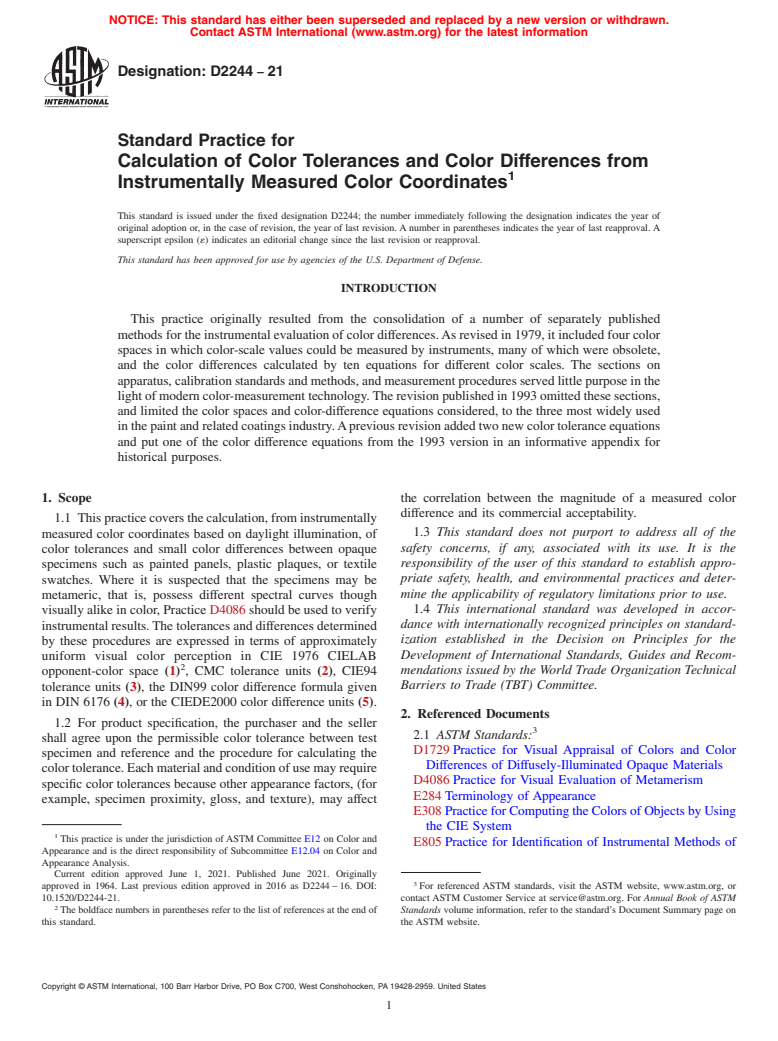 ASTM D2244-21 - Standard Practice for Calculation of Color Tolerances and Color Differences from   Instrumentally       Measured Color Coordinates