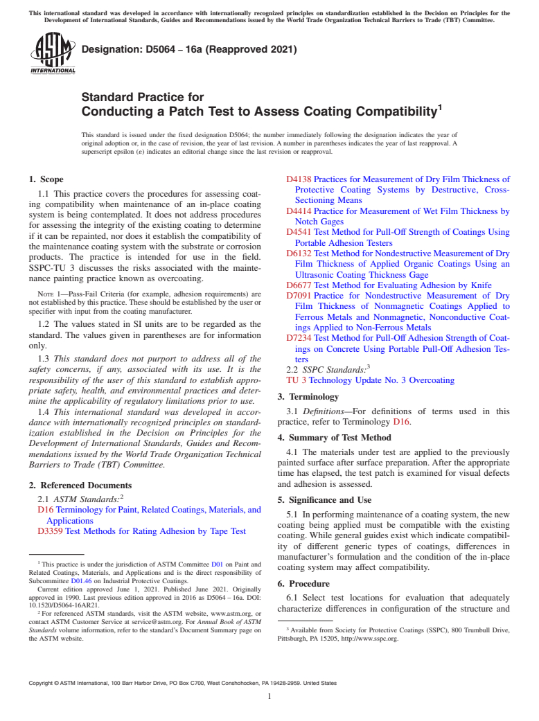 ASTM D5064-16a(2021) - Standard Practice for Conducting a Patch Test to Assess Coating Compatibility