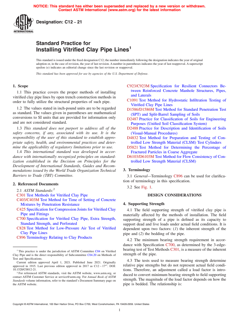 ASTM C12-21 - Standard Practice for Installing Vitrified Clay Pipe Lines