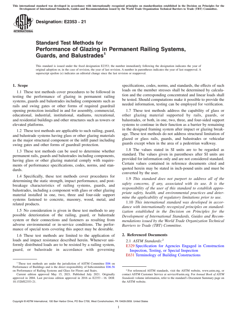 ASTM E2353-21 - Standard Test Methods for Performance of Glazing in Permanent Railing Systems, Guards,  and Balustrades