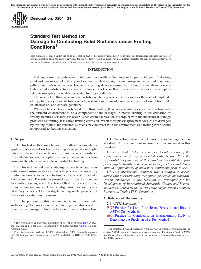 ASTM G204-21 - Standard Test Method for Damage to Contacting Solid Surfaces under Fretting Conditions