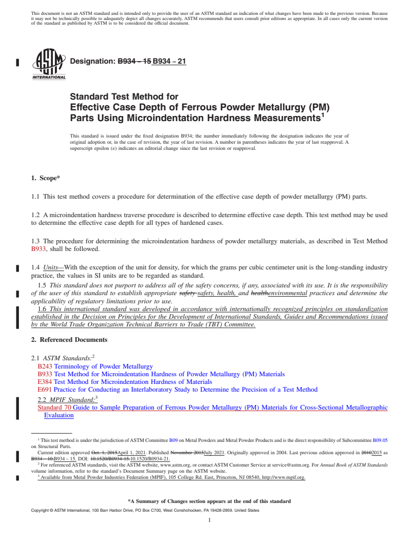 REDLINE ASTM B934-21 - Standard Test Method for  Effective Case Depth of Ferrous Powder Metallurgy (PM) Parts   Using Microindentation Hardness Measurements