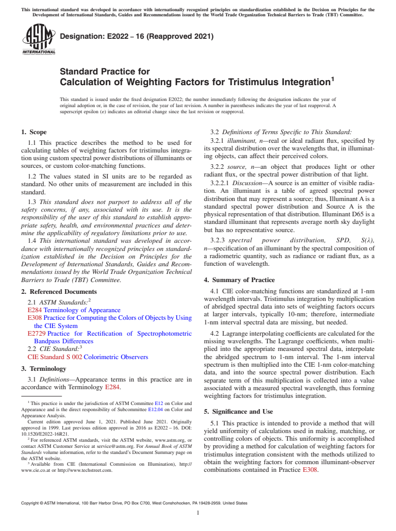 ASTM E2022-16(2021) - Standard Practice for Calculation of Weighting Factors for Tristimulus Integration