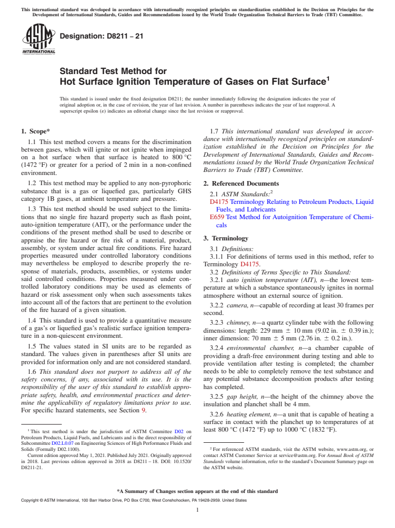 ASTM D8211-21 - Standard Test Method for Hot Surface Ignition Temperature of Gases on Flat Surface