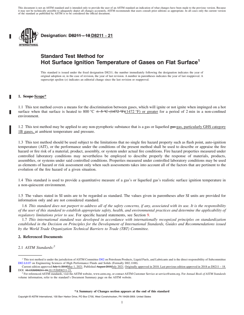 REDLINE ASTM D8211-21 - Standard Test Method for Hot Surface Ignition Temperature of Gases on Flat Surface