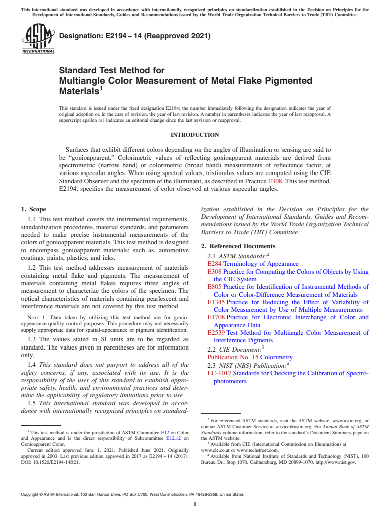 ASTM E2194-14(2021) - Standard Test Method for Multiangle Color Measurement of Metal Flake Pigmented Materials