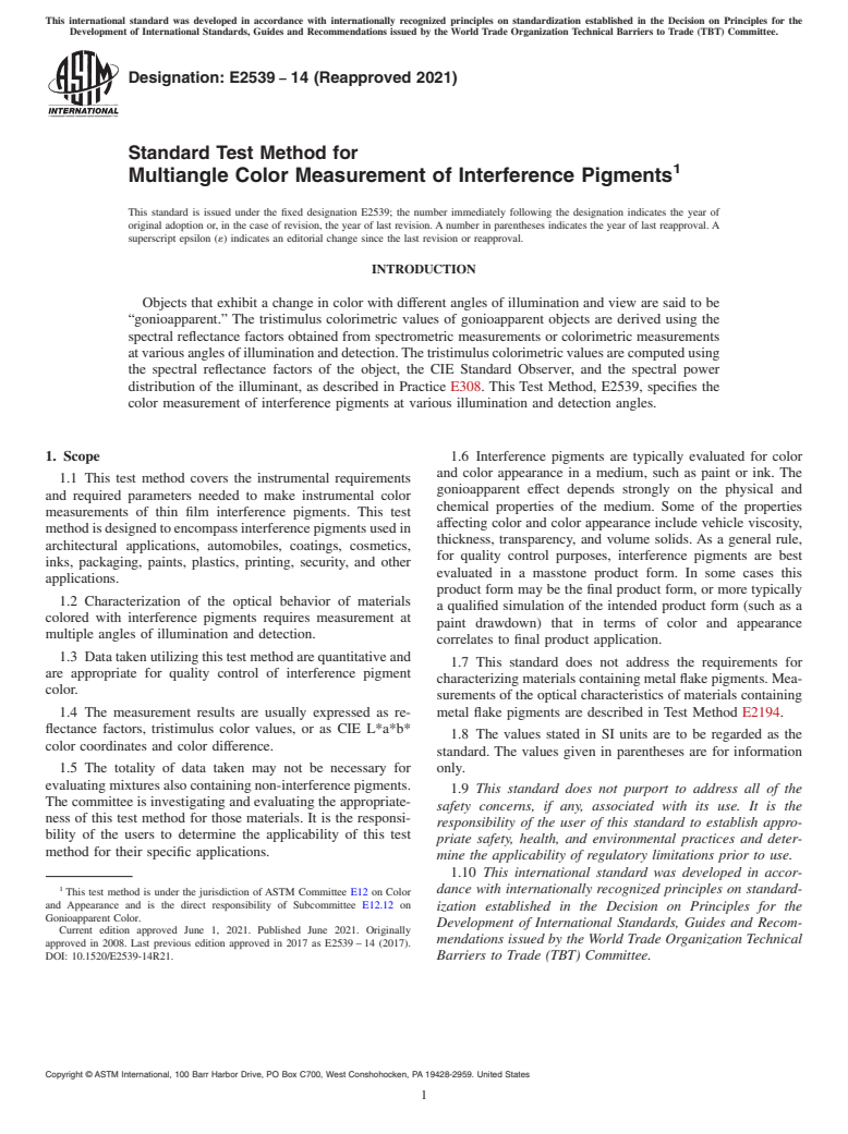 ASTM E2539-14(2021) - Standard Test Method for Multiangle Color Measurement of Interference Pigments