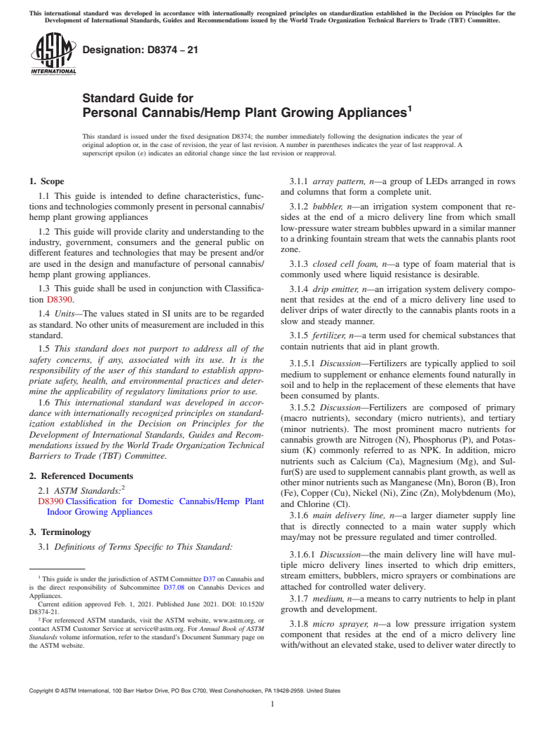 ASTM D8374-21 - Standard Guide for Personal Cannabis/Hemp Plant Growing Appliances