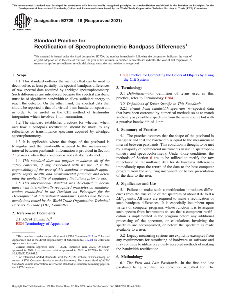 ASTM E2729-16(2021) - Standard Practice for Rectification of Spectrophotometric Bandpass Differences