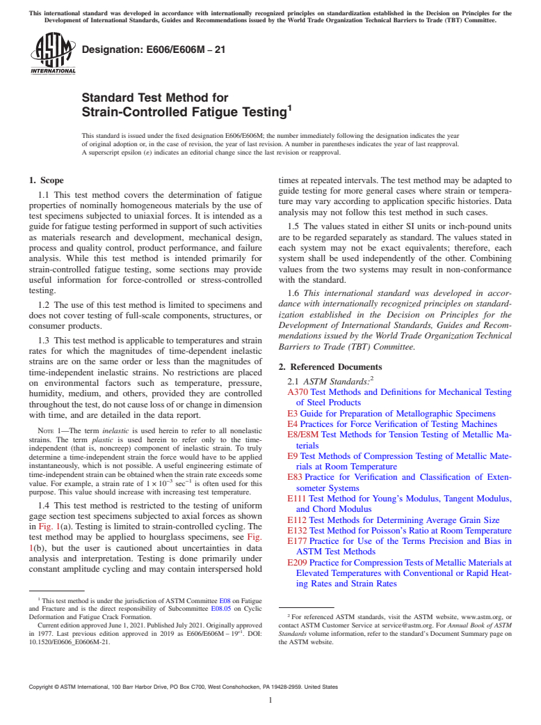 ASTM E606/E606M-21 - Standard Test Method for  Strain-Controlled Fatigue Testing