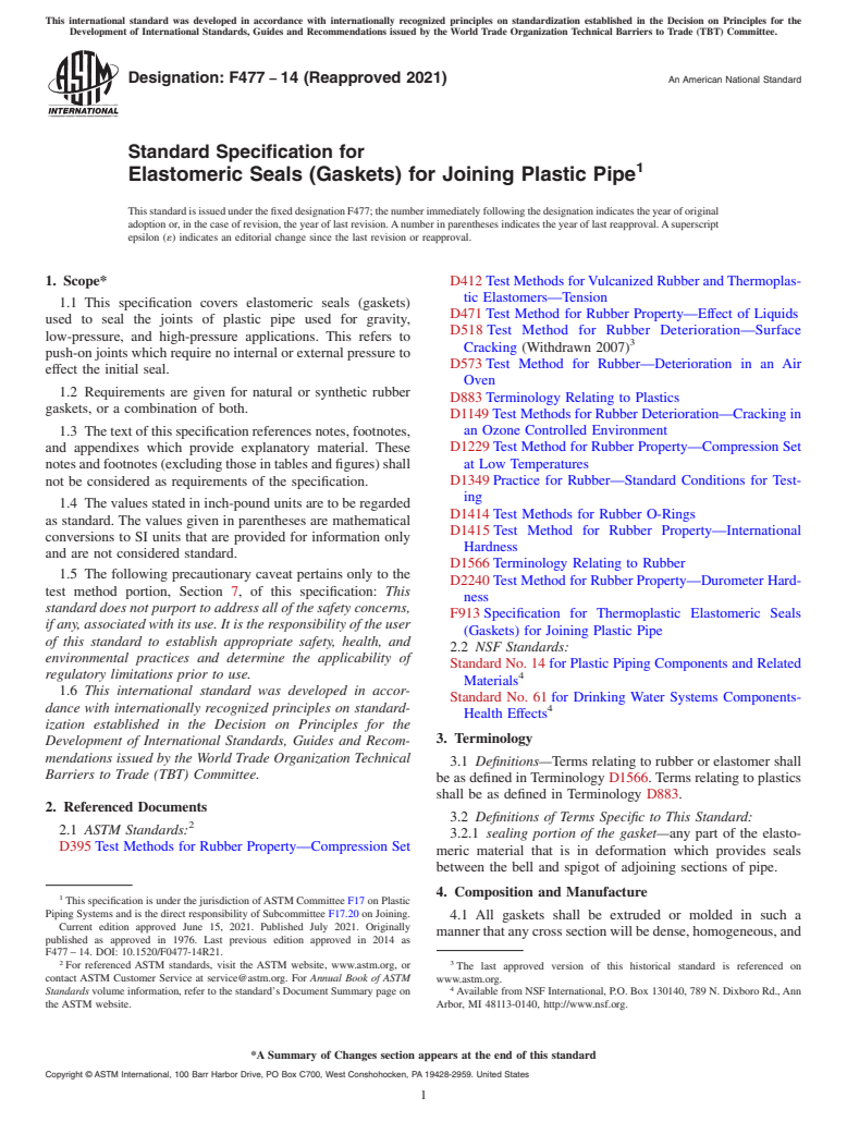 ASTM F477-14(2021) - Standard Specification for  Elastomeric Seals (Gaskets) for Joining Plastic Pipe