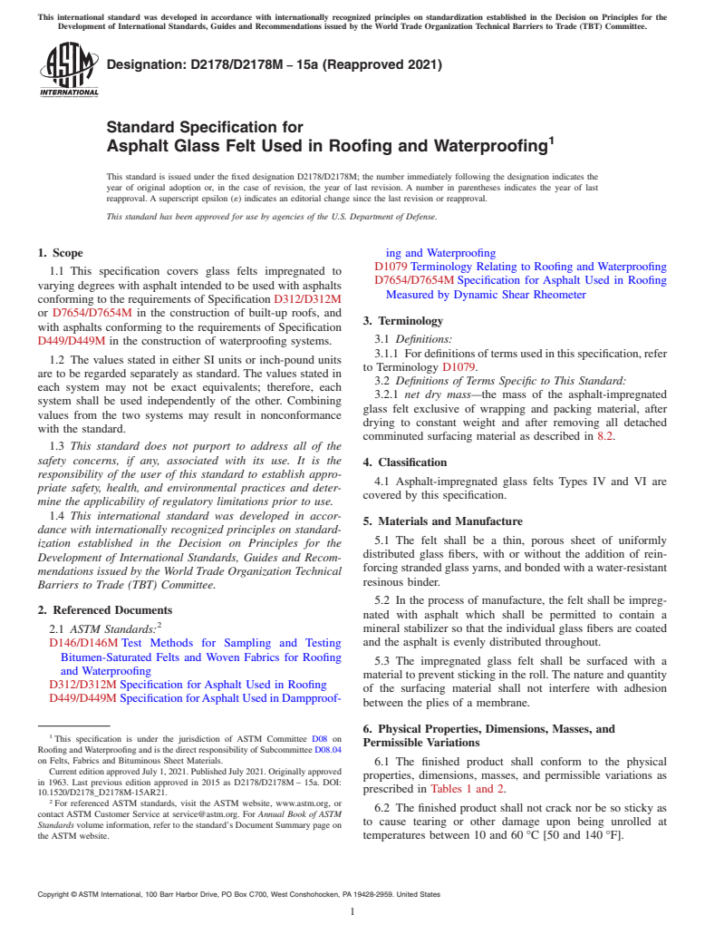 ASTM D2178/D2178M-15a(2021) - Standard Specification for Asphalt Glass Felt Used in Roofing and Waterproofing