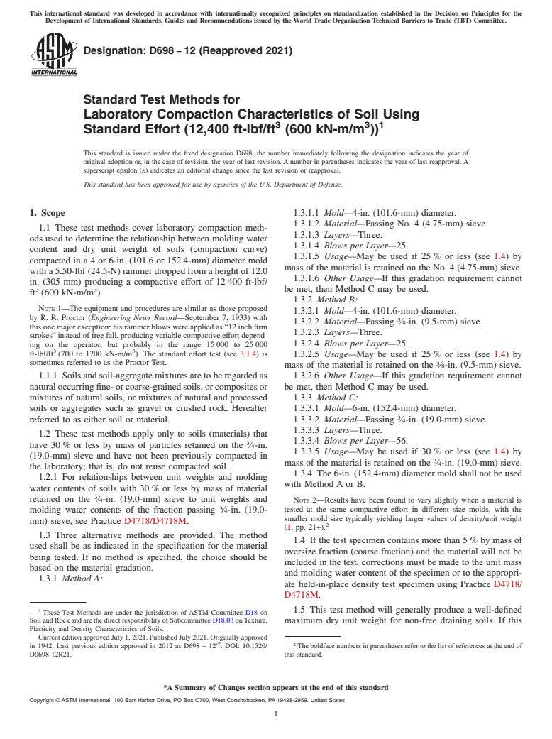 ASTM D698-12(2021) - Standard Test Methods for  Laboratory Compaction Characteristics of Soil Using Standard  Effort (12,400 ft-lbf/ft<sup>3</sup> (600 kN-m/m<sup>3</sup>))