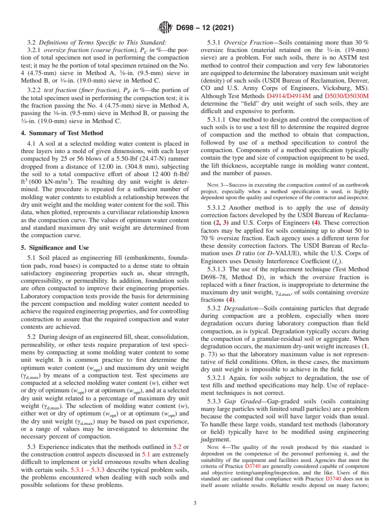 ASTM D698-12(2021) - Standard Test Methods for  Laboratory Compaction Characteristics of Soil Using Standard  Effort (12,400 ft-lbf/ft<sup>3</sup> (600 kN-m/m<sup>3</sup>))