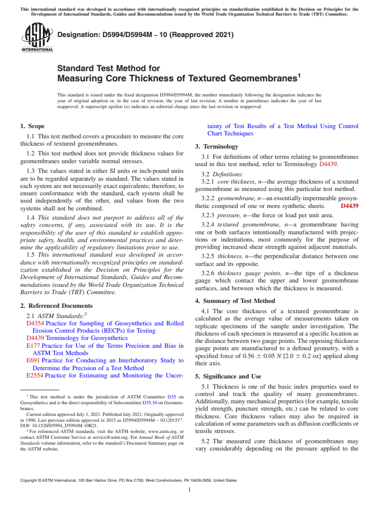 ASTM D5994/D5994M-10(2021) - Standard Test Method for Measuring Core Thickness of Textured Geomembranes