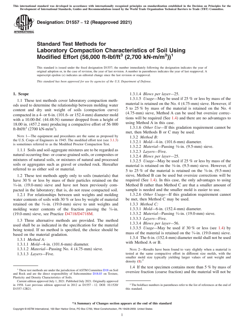 ASTM D1557-12(2021) - Standard Test Methods for Laboratory Compaction Characteristics of Soil Using Modified   Effort  (56,000 ft-lbf/ft<sup>3</sup> (2,700 kN-m/m<sup>3</sup>))