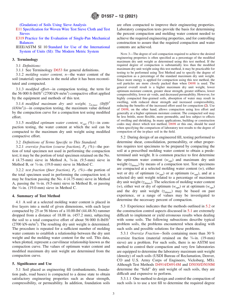 ASTM D1557-12(2021) - Standard Test Methods for Laboratory Compaction Characteristics of Soil Using Modified   Effort  (56,000 ft-lbf/ft<sup>3</sup> (2,700 kN-m/m<sup>3</sup>))