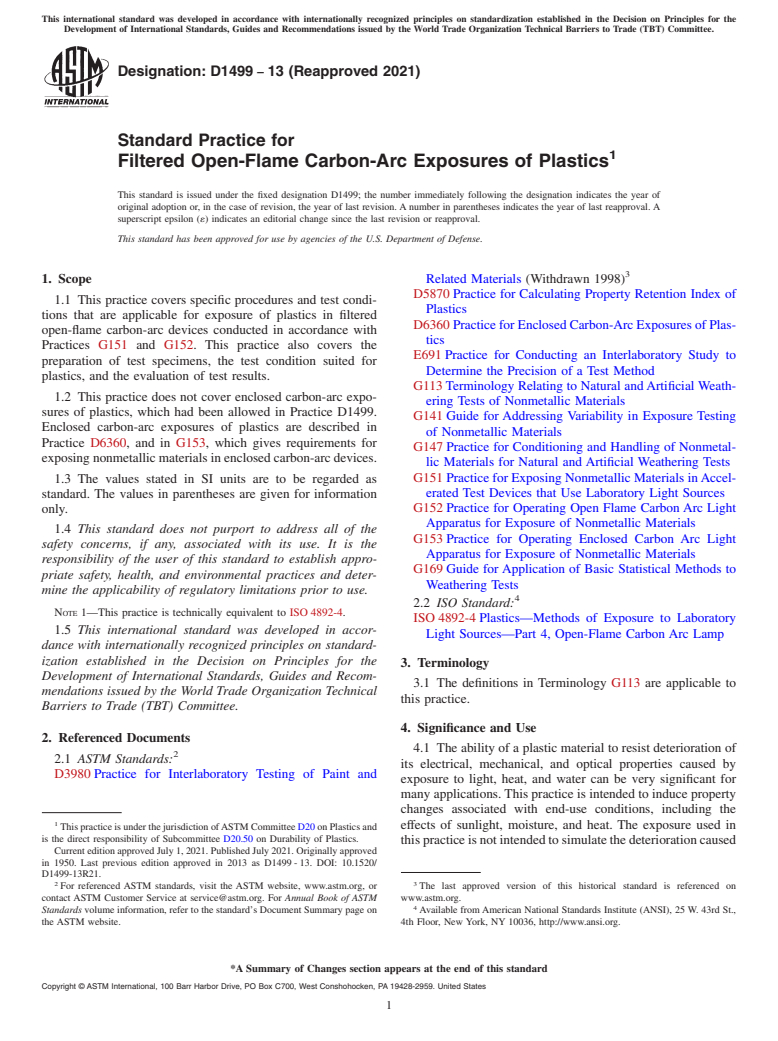 ASTM D1499-13(2021) - Standard Practice for  Filtered Open-Flame Carbon-Arc Exposures of Plastics