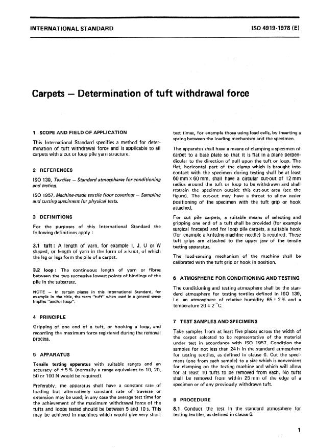 ISO 4919:1978 - Textile floor coverings -- Determination of tuft withdrawal force