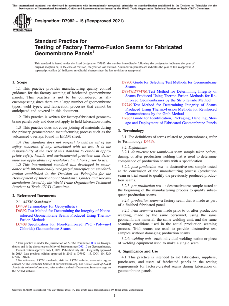 ASTM D7982-15(2021) - Standard Practice for Testing of Factory Thermo-Fusion Seams for Fabricated Geomembrane  Panels