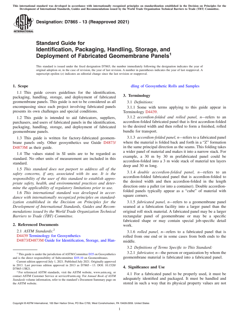 ASTM D7865-13(2021) - Standard Guide for Identification, Packaging, Handling, Storage, and Deployment  of Fabricated Geomembrane Panels