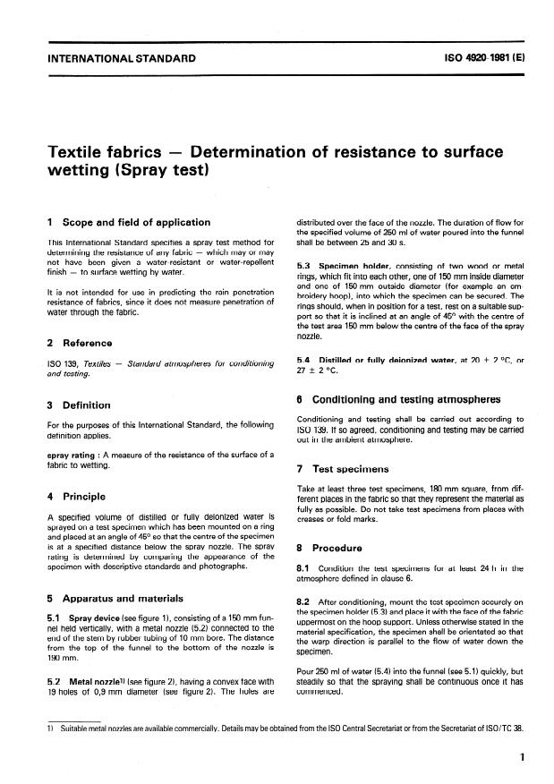 ISO 4920:1981 - Textiles -- Determination of resistance to surface wetting (spray test) of fabrics