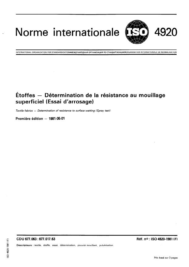 ISO 4920:1981 - Étoffes -- Détermination de la résistance au mouillage superficiel (Essai d'arrosage)