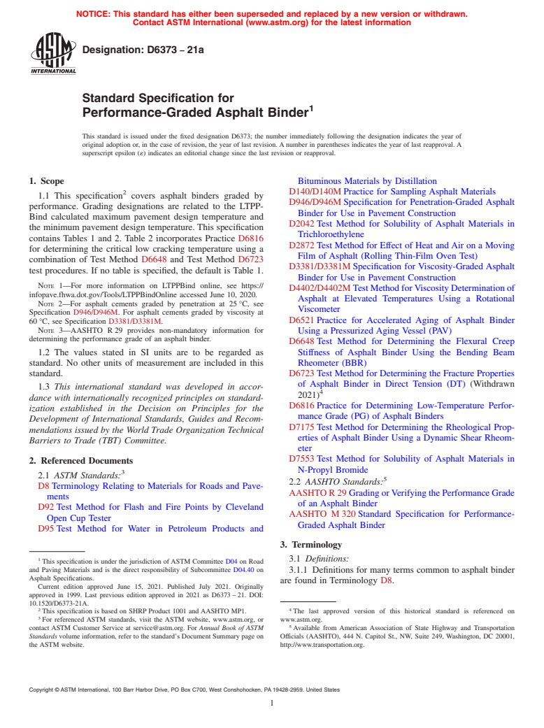 ASTM D6373-21a - Standard Specification for Performance-Graded Asphalt Binder