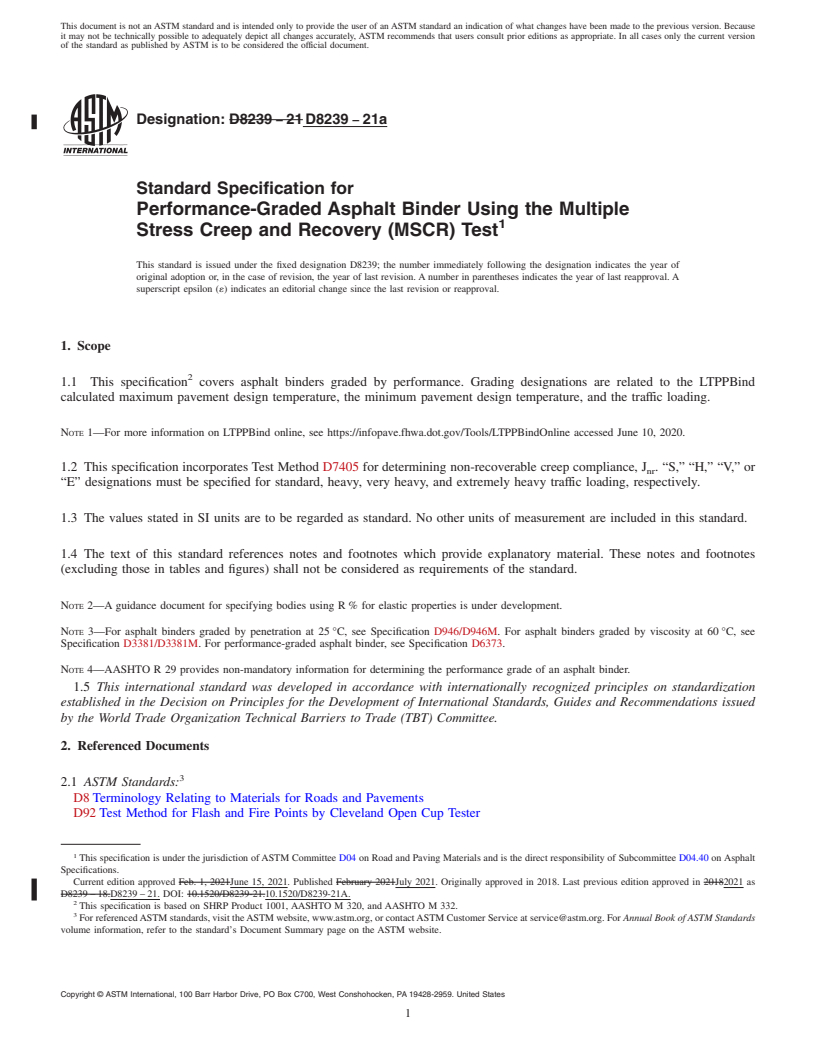 REDLINE ASTM D8239-21a - Standard Specification for Performance-Graded Asphalt Binder Using the Multiple Stress  Creep and Recovery (MSCR) Test