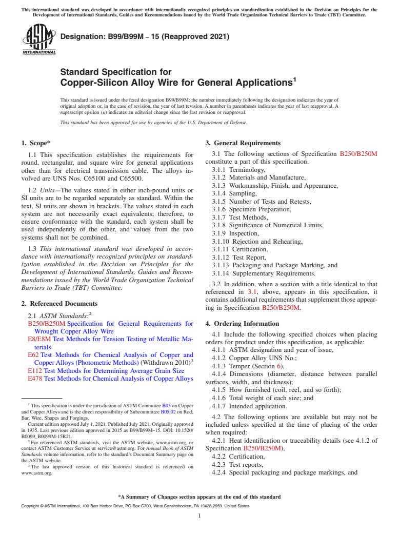 ASTM B99/B99M-15(2021) - Standard Specification for Copper-Silicon Alloy Wire for General Applications