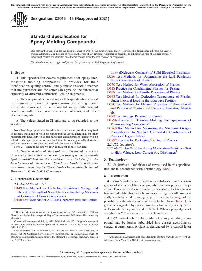 ASTM D3013-13(2021) - Standard Specification for  Epoxy Molding Compounds