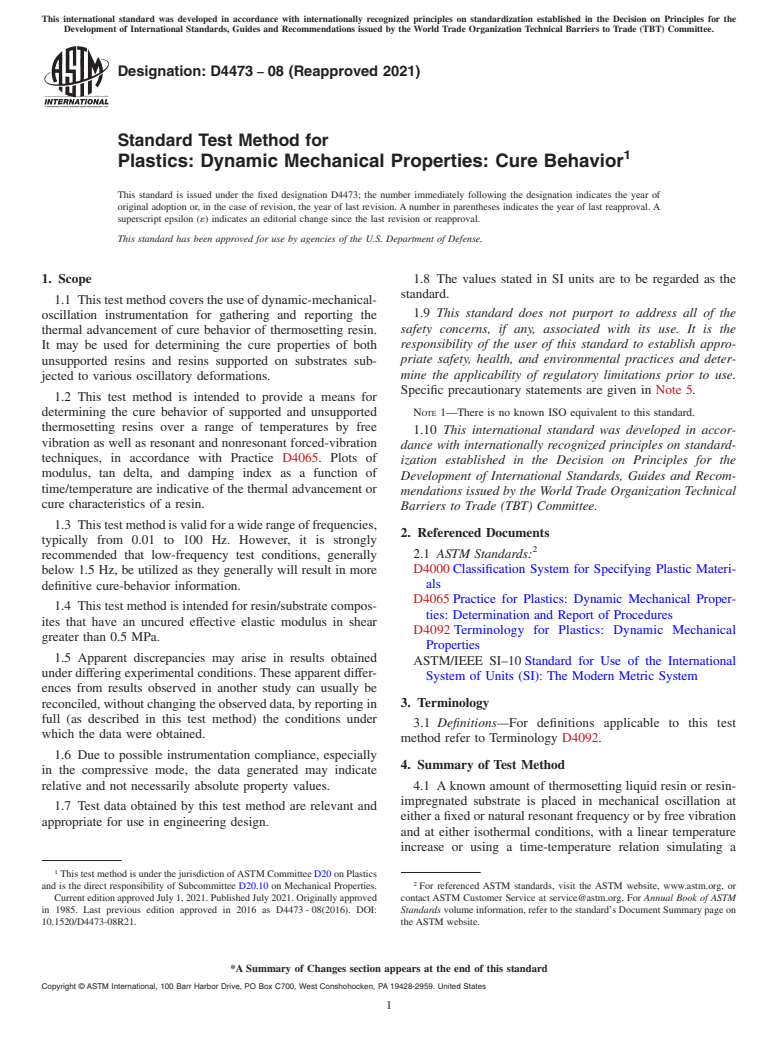 ASTM D4473-08(2021) - Standard Test Method for  Plastics: Dynamic Mechanical Properties: Cure Behavior