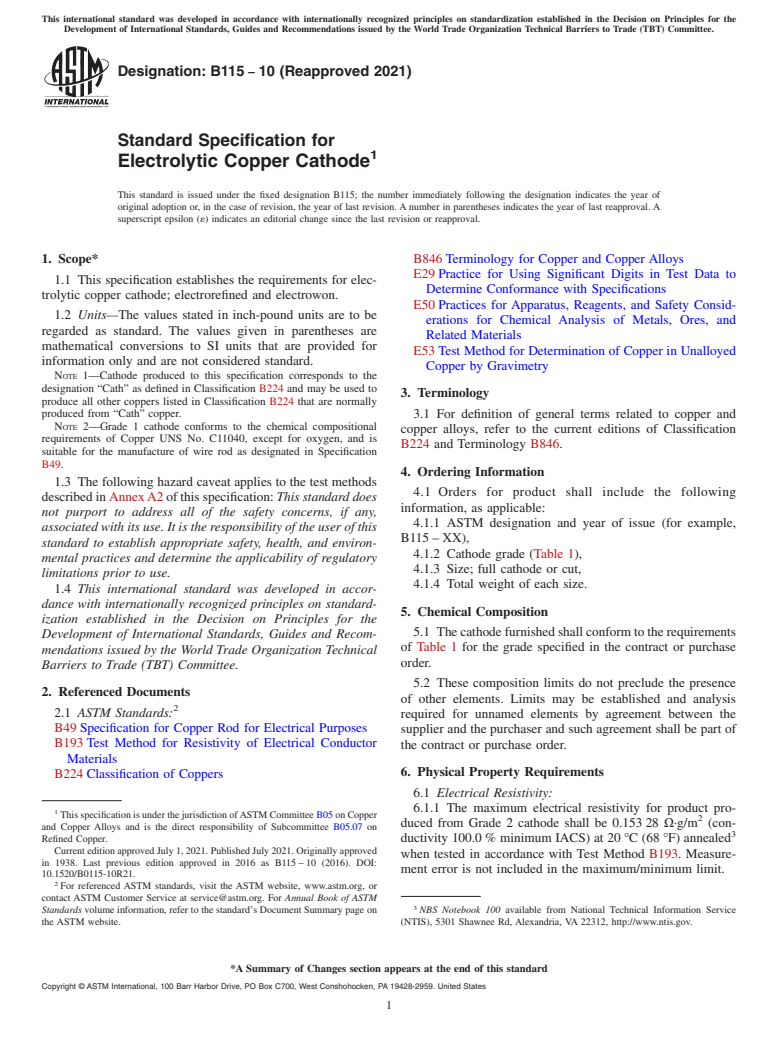 ASTM B115-10(2021) - Standard Specification for Electrolytic Copper Cathode