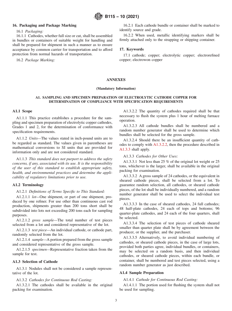 ASTM B115-10(2021) - Standard Specification for Electrolytic Copper Cathode