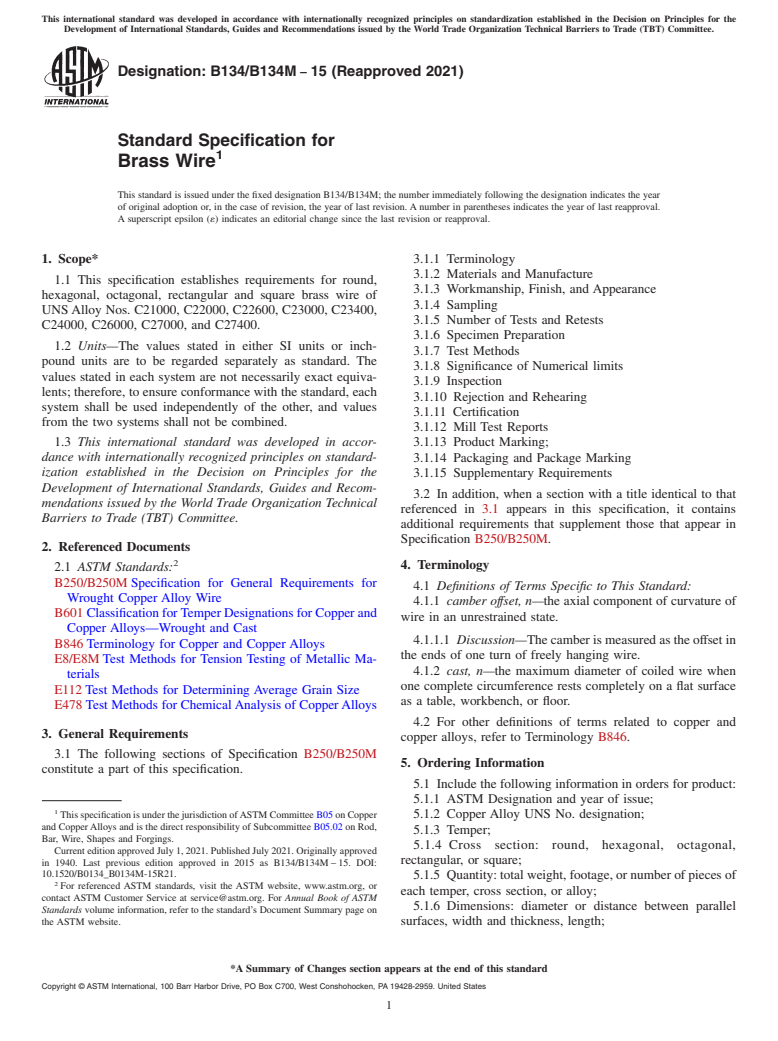 ASTM B134/B134M-15(2021) - Standard Specification for Brass Wire