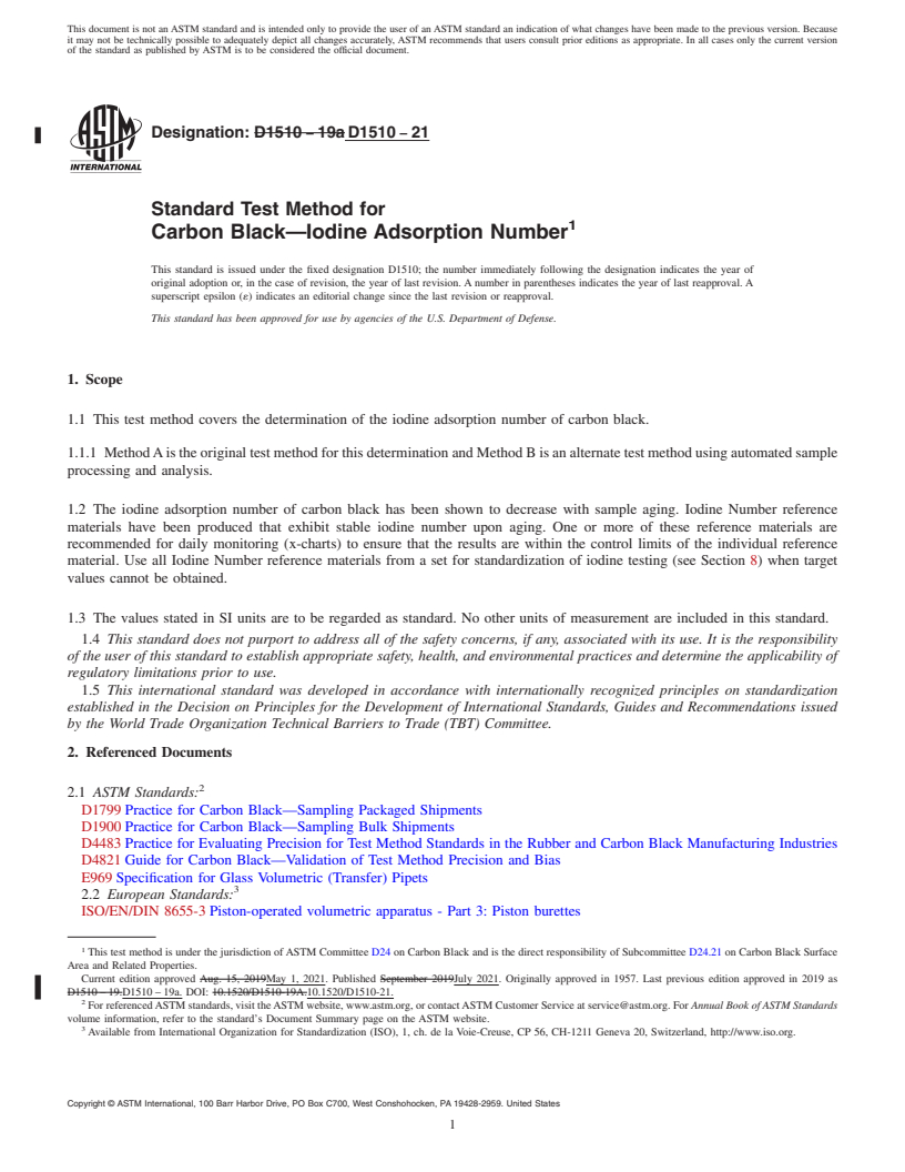 REDLINE ASTM D1510-21 - Standard Test Method for  Carbon Black—Iodine Adsorption Number