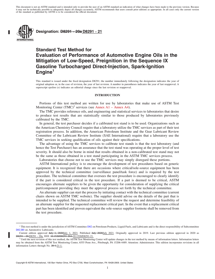REDLINE ASTM D8291-21 - Standard Test Method for Evaluation of Performance of Automotive Engine Oils in the  Mitigation of Low-Speed, Preignition in the Sequence IX Gasoline Turbocharged  Direct-Injection, Spark-Ignition Engine