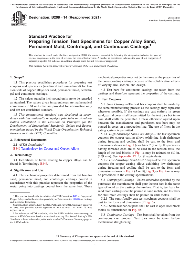 ASTM B208-14(2021) - Standard Practice for Preparing Tension Test Specimens for Copper Alloy Sand, Permanent  Mold, Centrifugal, and Continuous Castings