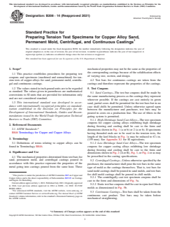 ASTM B208-14(2021) ASTM B208-14(2021) - Standard Practice for Preparing Tension Test Specimens for Copper Alloy Sand, Permanent Mold, Centrifugal, and Continuous Castings - Page 1 preview