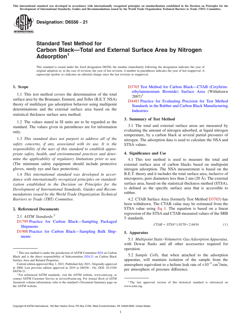 ASTM D6556-21 - Standard Test Method for Carbon Black—Total and External Surface Area by Nitrogen  Adsorption