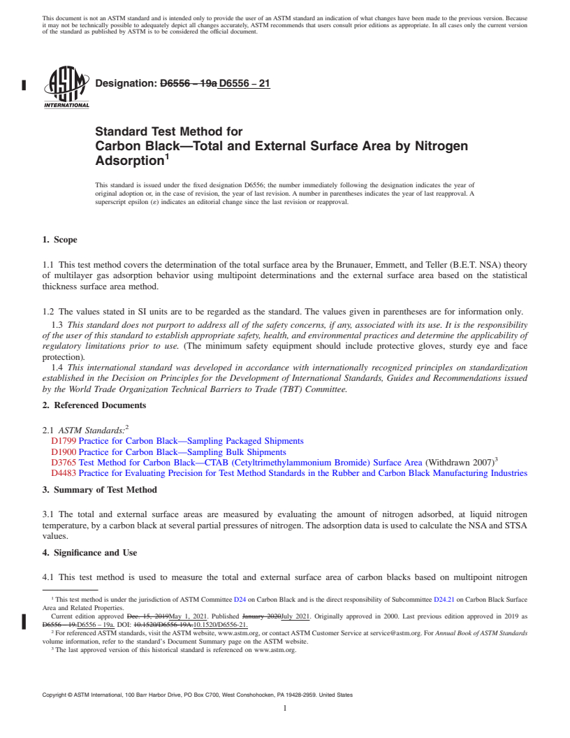 REDLINE ASTM D6556-21 - Standard Test Method for Carbon Black—Total and External Surface Area by Nitrogen  Adsorption
