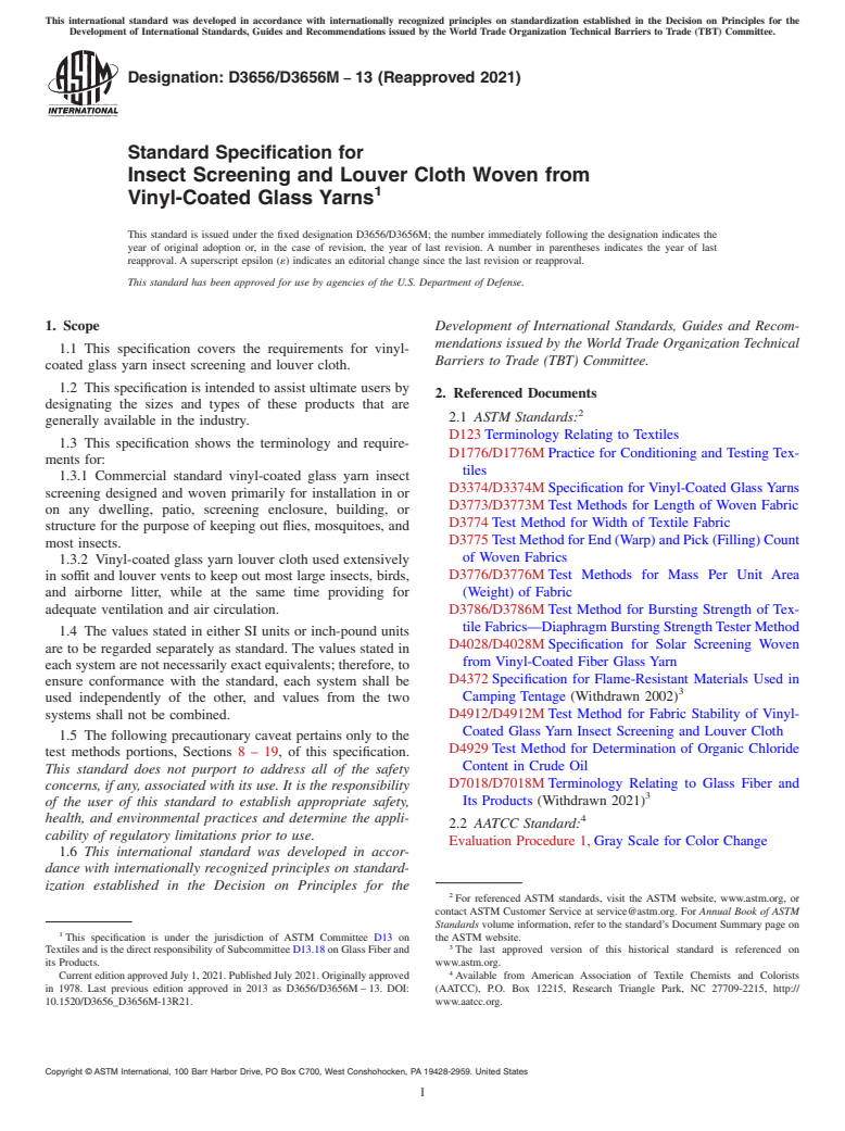 ASTM D3656/D3656M-13(2021) - Standard Specification for Insect Screening and Louver Cloth Woven from<brk/>Vinyl-Coated  Glass Yarns