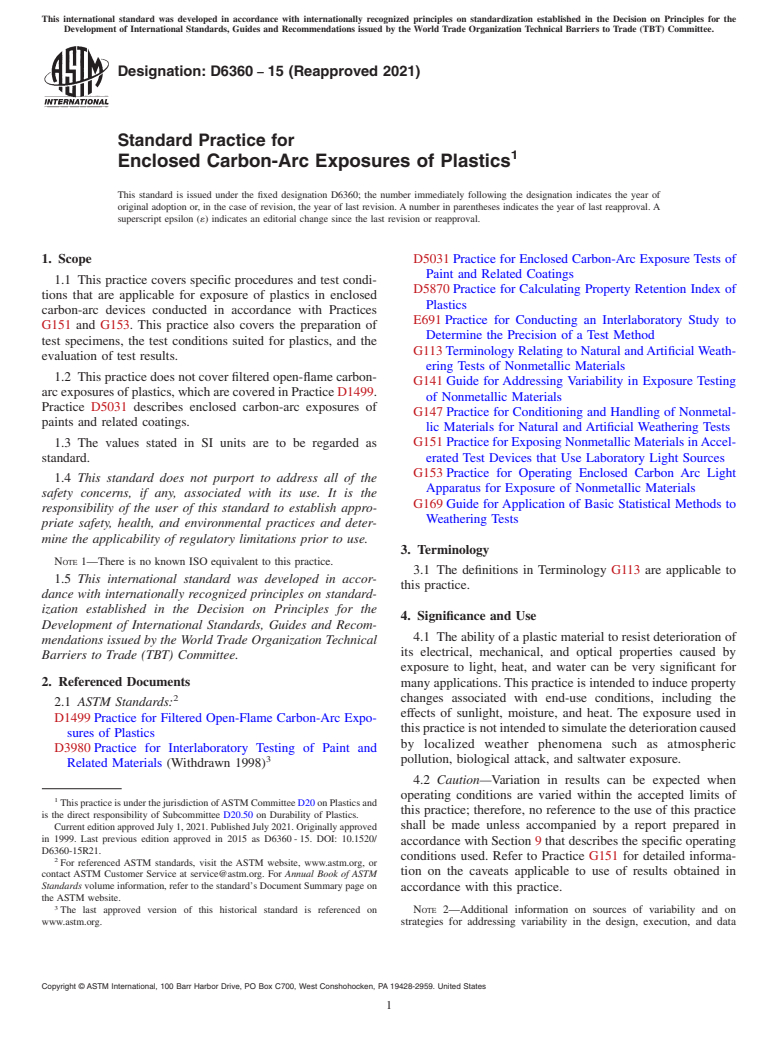 ASTM D6360-15(2021) - Standard Practice for Enclosed Carbon-Arc Exposures of Plastics