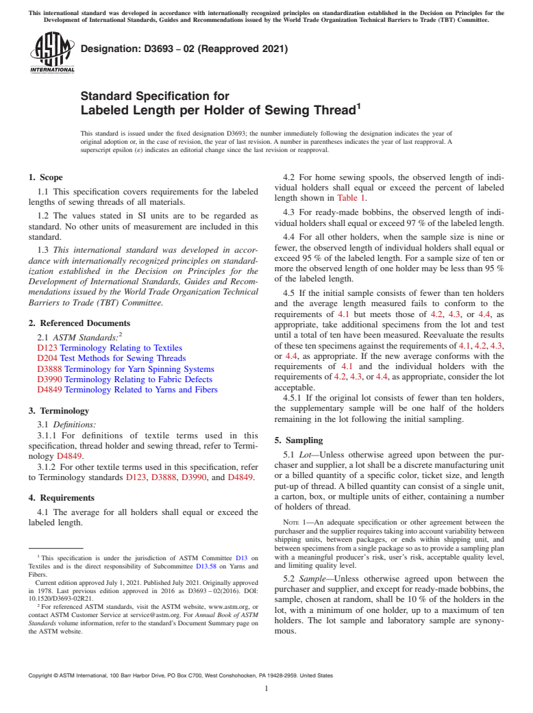 ASTM D3693-02(2021) - Standard Specification for Labeled Length per Holder of Sewing Thread