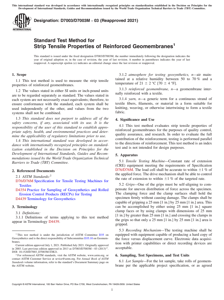 ASTM D7003/D7003M-03(2021) - Standard Test Method for Strip Tensile Properties of Reinforced Geomembranes