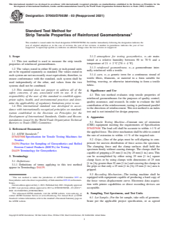 ASTM D7003/D7003M-03(2021) ASTM D7003/D7003M-03(2021) - Standard Test Method for Strip Tensile Properties of Reinforced Geomembranes - Page 1 preview
