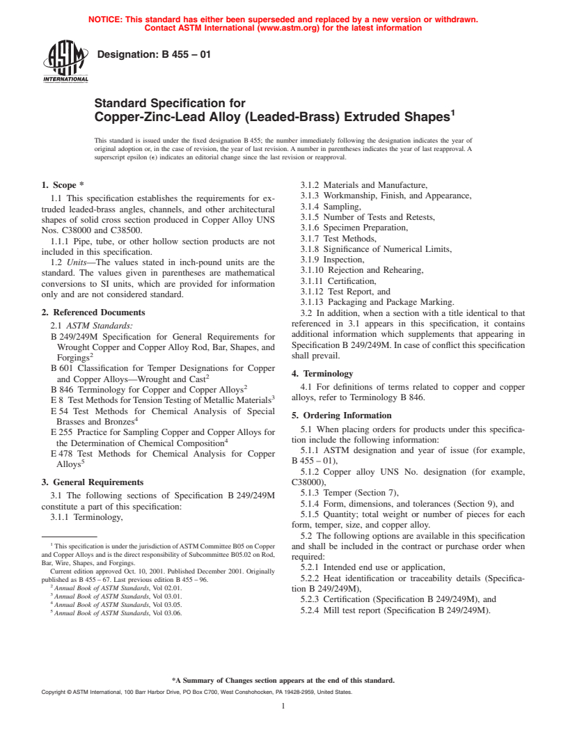 ASTM B455-01 - Standard Specification for Copper-Zinc-Lead Alloy (Leaded-Brass) Extruded Shapes