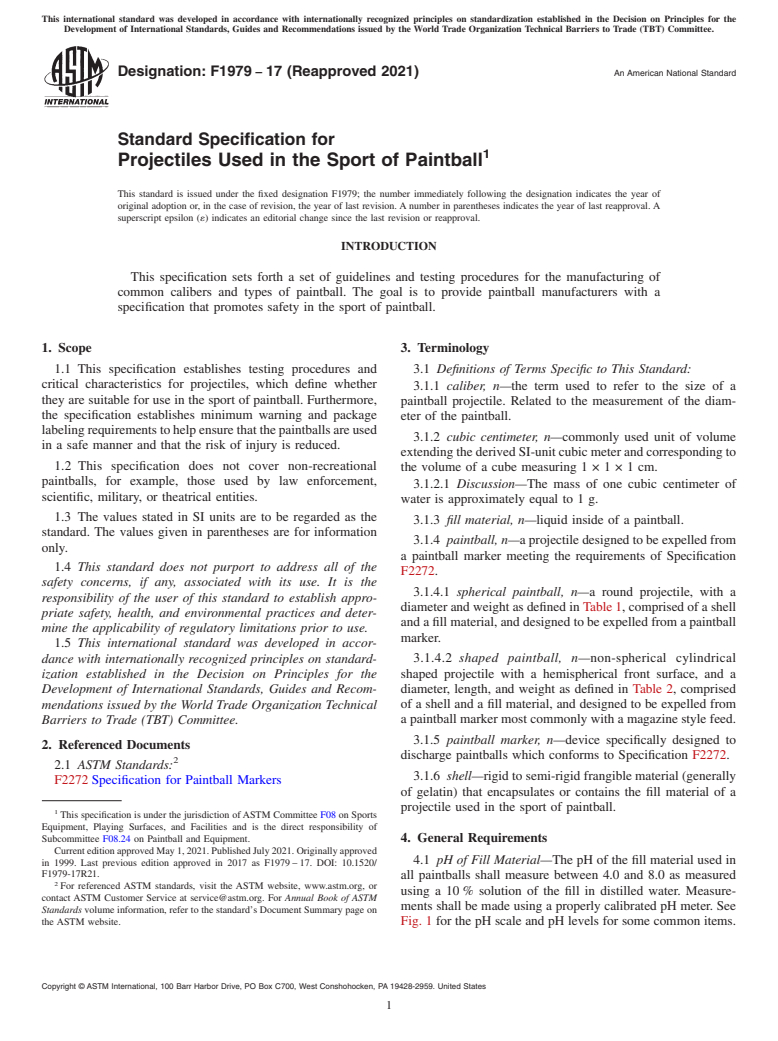 ASTM F1979-17(2021) - Standard Specification for  Projectiles Used in the Sport of Paintball