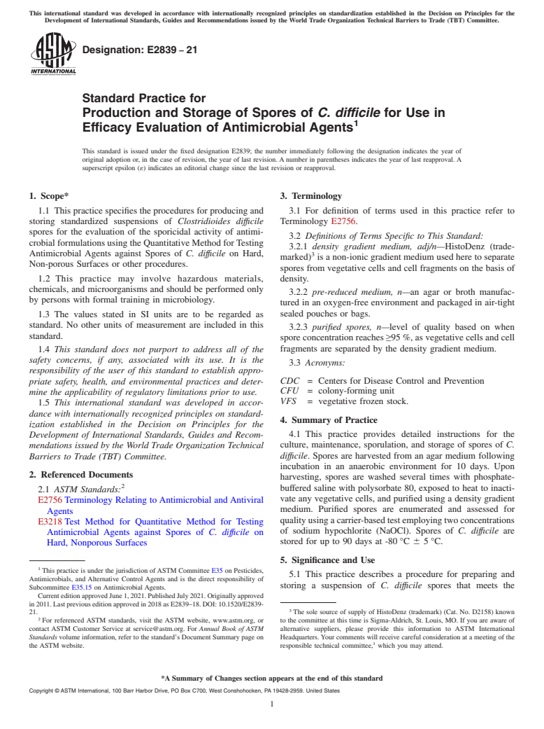 ASTM E2839-21 - Standard Practice for  Production and Storage of Spores of <emph type="bdit">C. difficile</emph  > for Use in Efficacy Evaluation of Antimicrobial Agents
